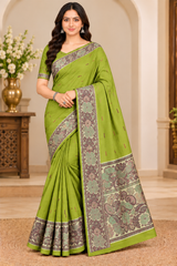 Cotton Royal Blue Designer Saree with Floral Jacquard Border-14 Pcs Set.