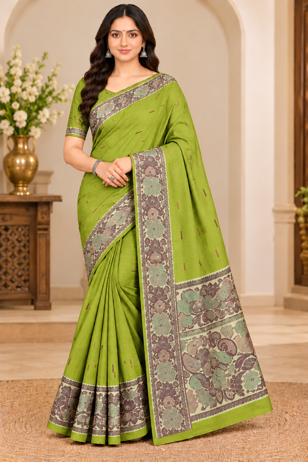 Cotton Royal Blue Designer Saree with Floral Jacquard Border-14 Pcs Set.