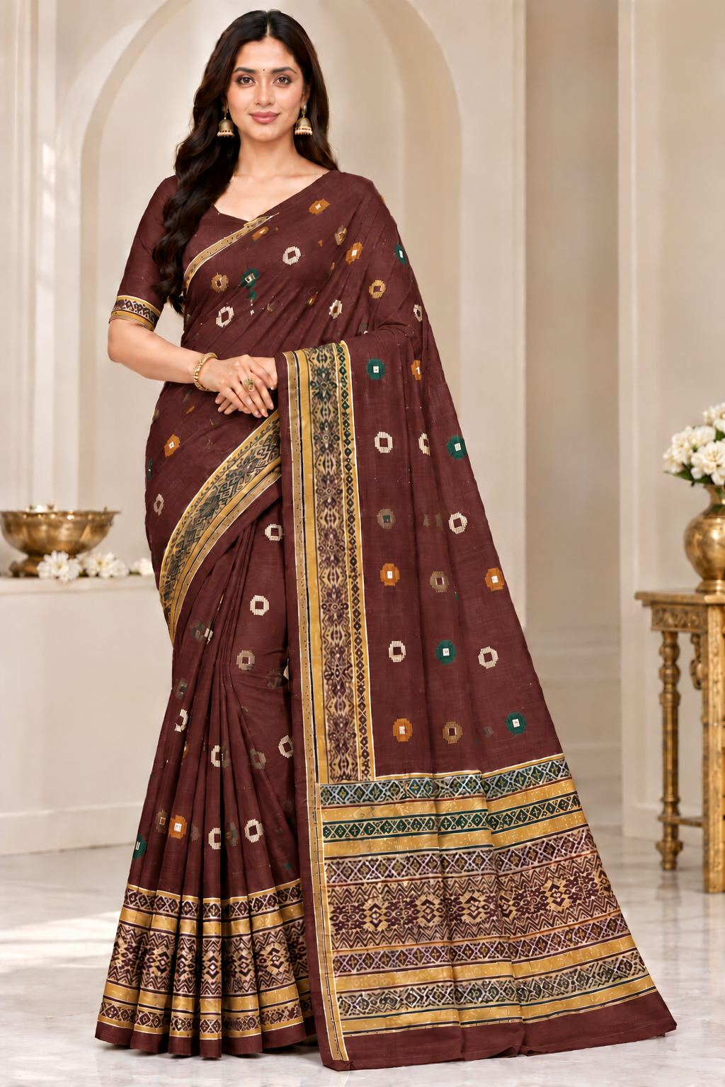 Cotton Traditional Printed Saree with Designer Woven Border - 15 Pcs Set.