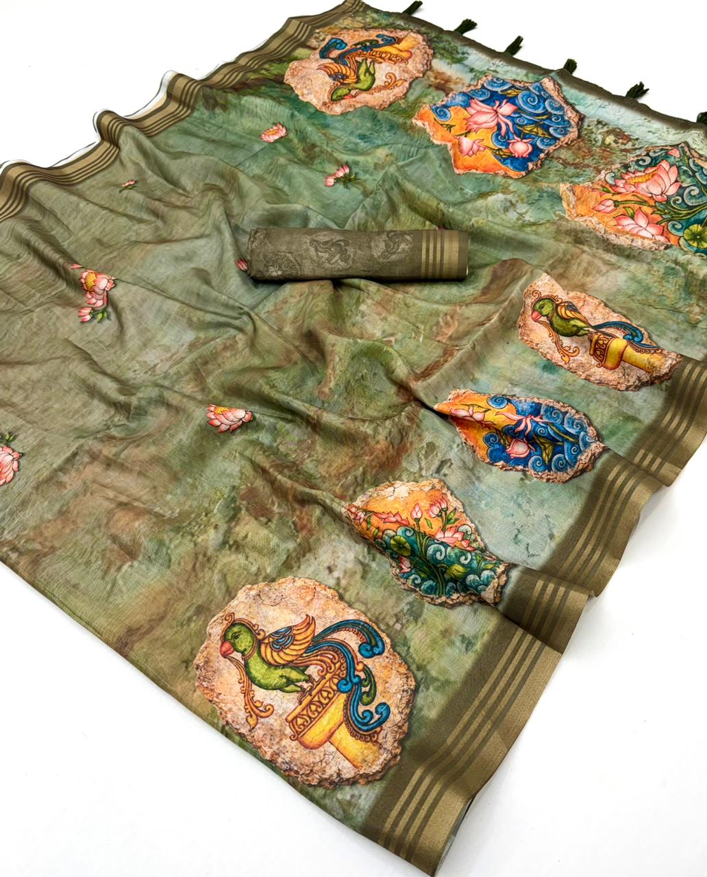 RajYog Kaira Handloom Cotton Silk Saree with Print & Tassels