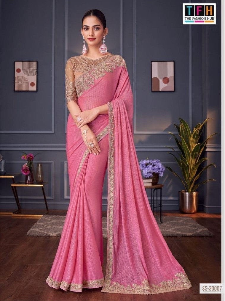 30007 Rainbow Shimmer Saree with Embroidered Border & Matching Blouse (Single PCS) – M.R. Saree Emporium