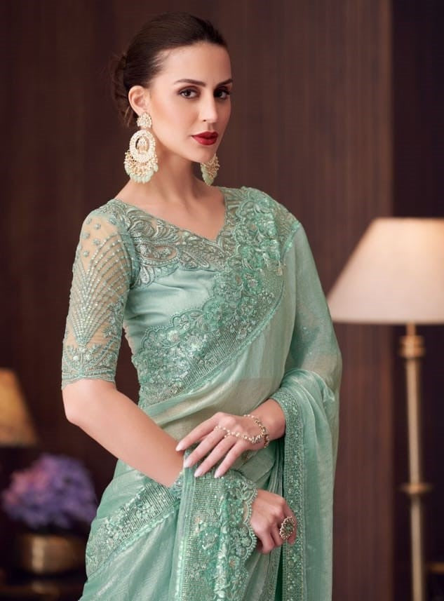 30010 Glass Feel Double Tone Saree with Embroidered Border & Matching Blouse (Single PCS) – M.R. Saree Emporium