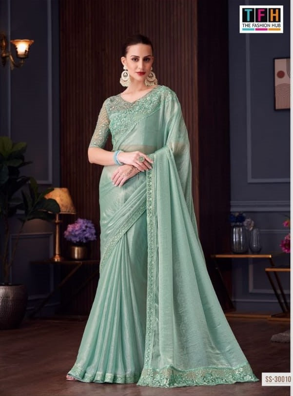 30010 Glass Feel Double Tone Saree with Embroidered Border & Matching Blouse (Single PCS) – M.R. Saree Emporium