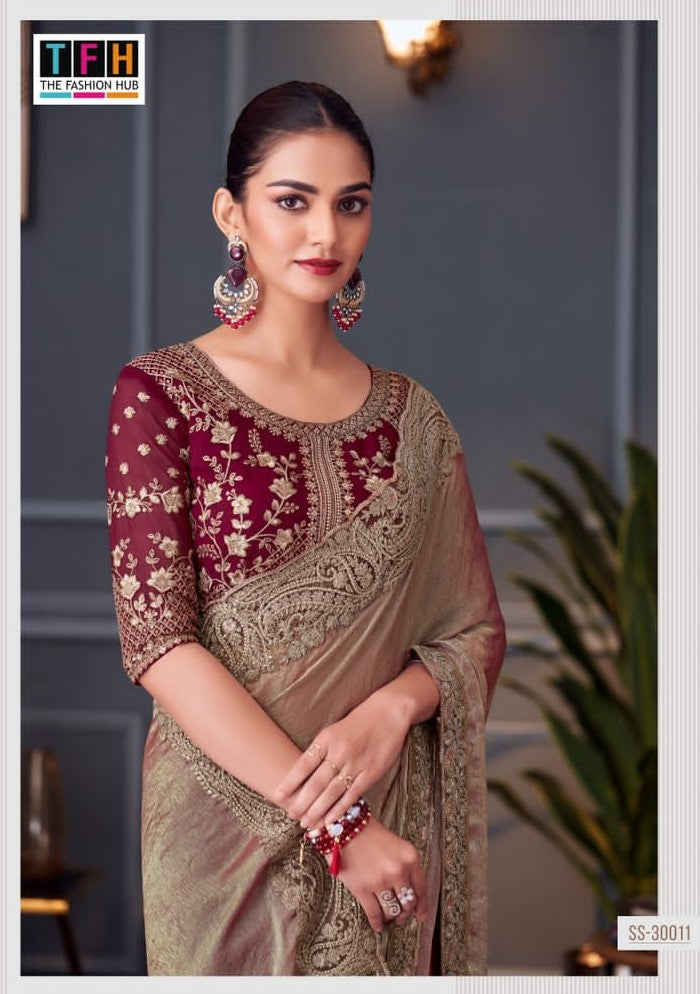 30011 Glass Feel Double Tone Saree with Embroidered Border & Matching Blouse (Single PCS) – M.R. Saree Emporium