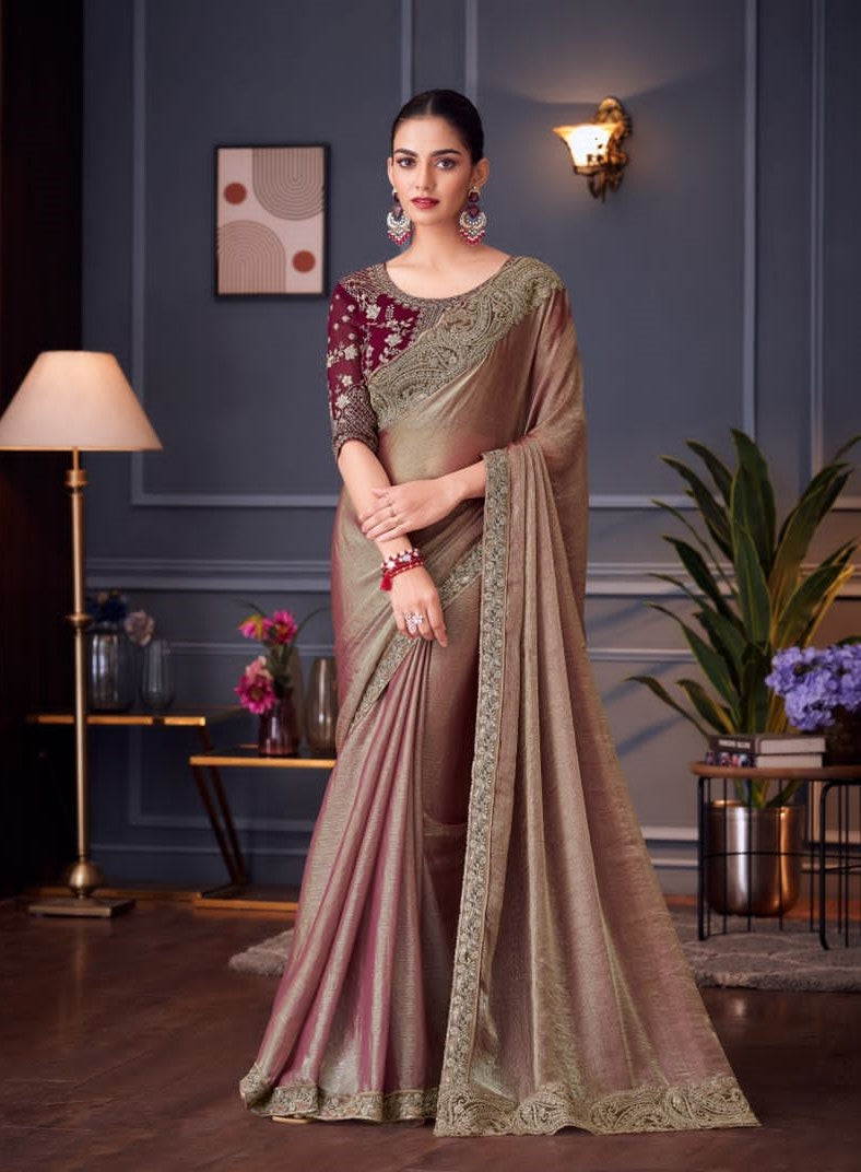 30011 Glass Feel Double Tone Saree with Embroidered Border & Matching Blouse (Single PCS) – M.R. Saree Emporium