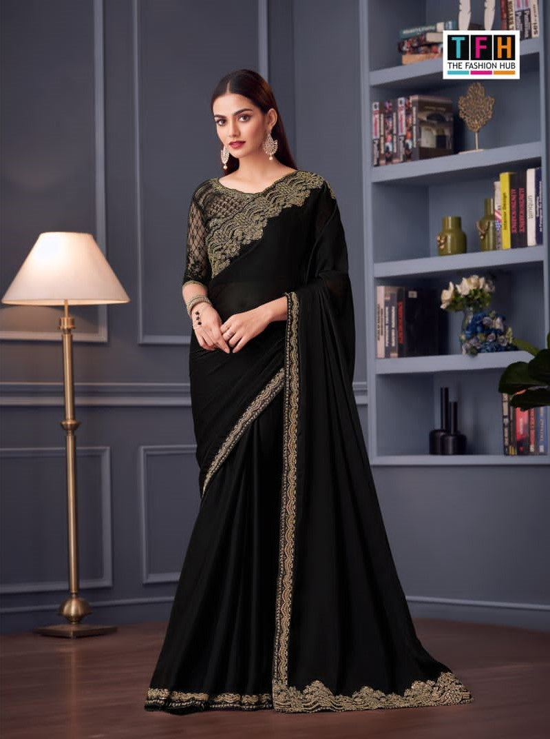30015 Maxim Satin Chiffon Saree with Heavy Embroidered Border & Matching Blouse (Single PCS) – M.R. Saree Emporium