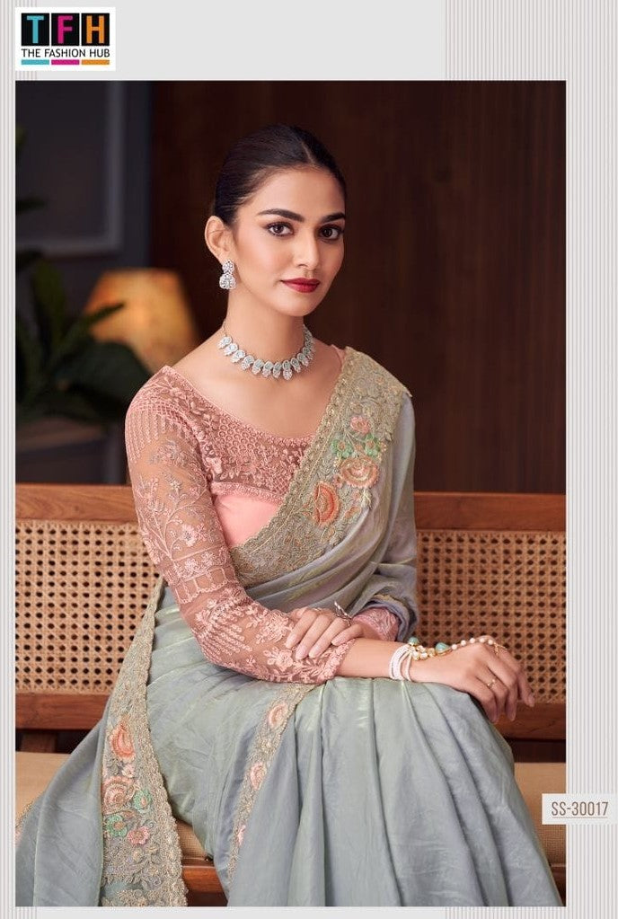 30017 Super Shine Satin & Georgette Feel Saree with Embroidered Border & Matching Blouse (Single PCS) – M.R. Saree Emporium