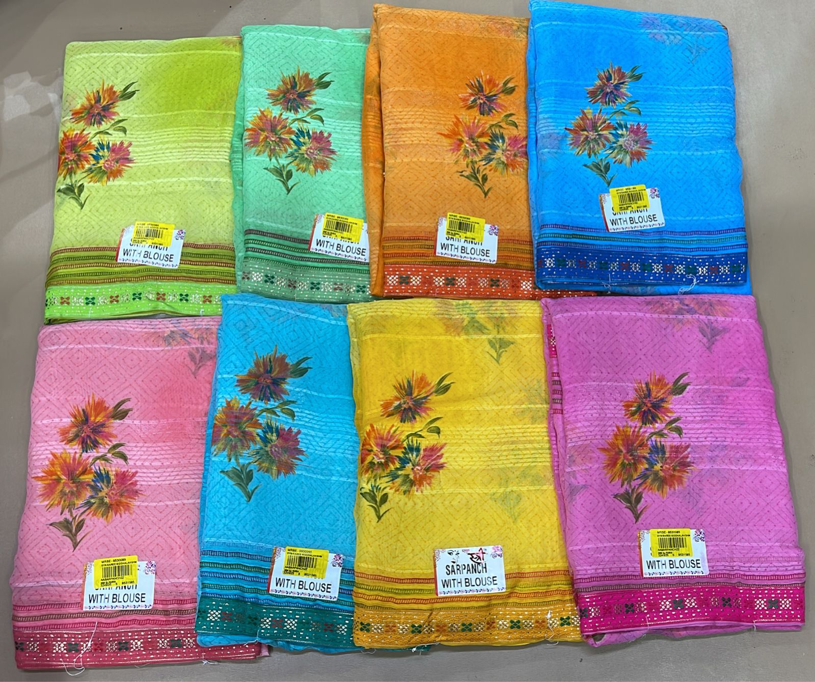 Ekstree Sarpanch Weightless Saree 8 Pcs Combo Set With Unstitched Blouse – Lightweight Daily Wear-Floral Printed Design With Contrast Border-Wholesale Price-M.R. Saree Emporium