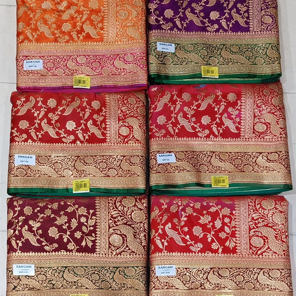 Sargam Banarasi Style Silk Saree Set with Peacock & Floral Zari Design and Heavy Border (6 Pcs Set) – M.R. Saree Emporium