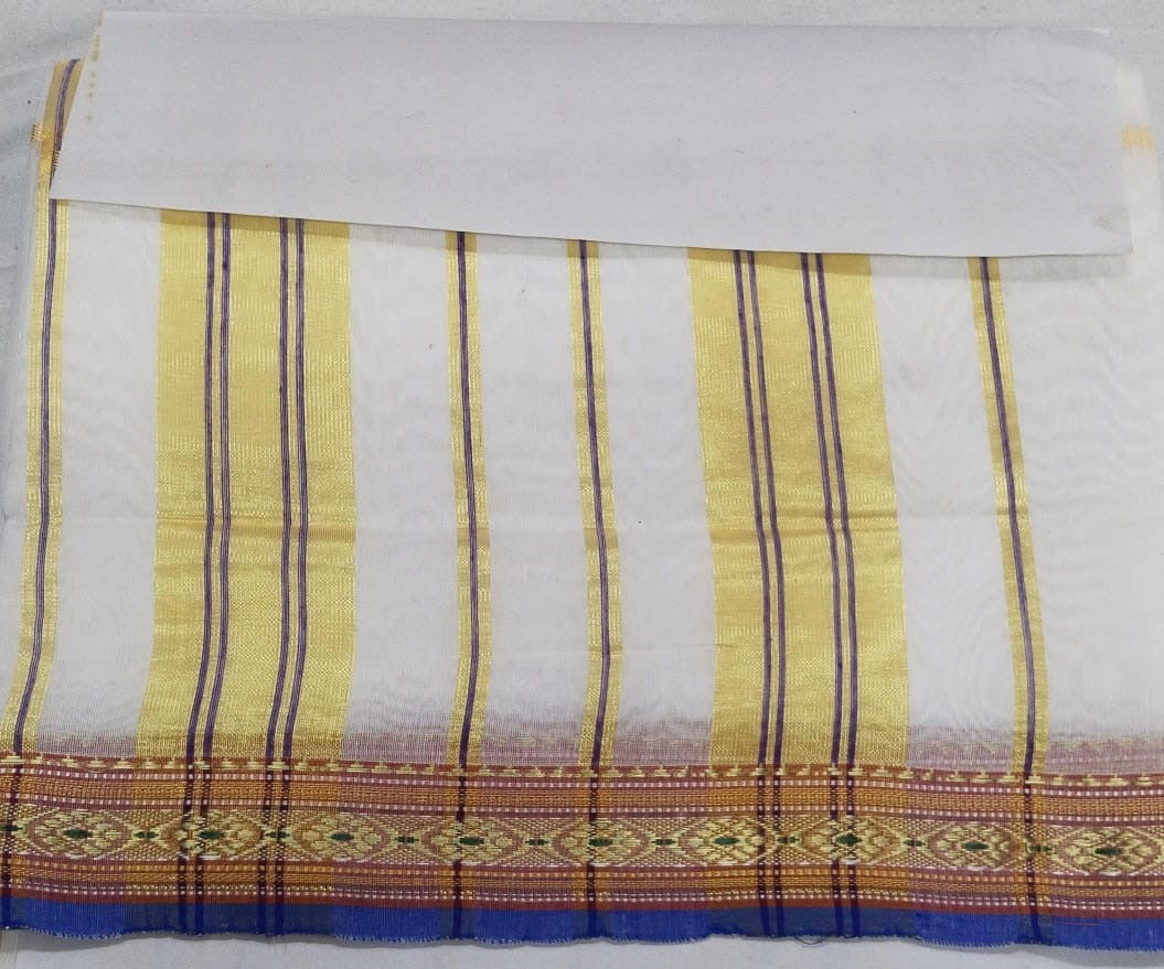 Classic 9 Wari Cotton Saree with Gold Stripes & Blue Traditional Border – M.R. Saree Emporium