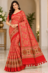 Weightless Royal Blue Printed Silk Saree with Designer Border -6 Pcs Set.