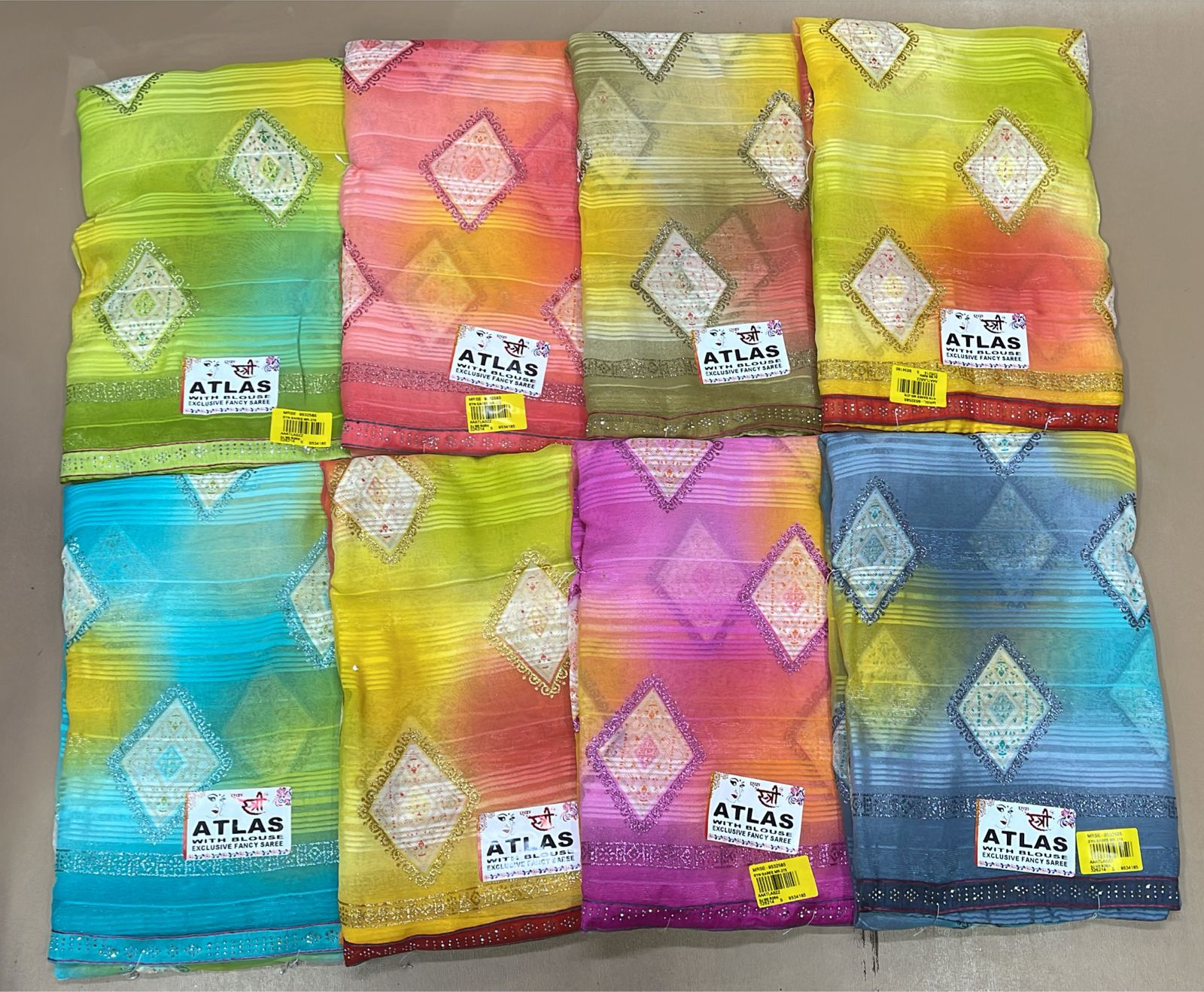 Ekstree Atlas Weightless Saree 8 Pcs Combo Set With Unstitched Blouse – 60 Gram Lightweight Fabric | Diamond Motif Gradient Design With Contrast Border-Wholesale Price-M.R. Saree Emporium