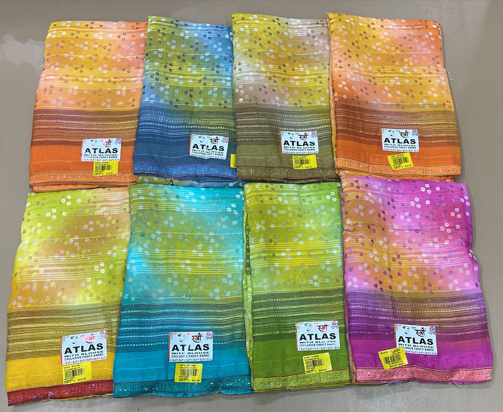 Ekstree Atlas Saree 8 Pcs Combo Set With Unstitched Blouse – 60 Gram Lightweight Fabric -Bandhani Printed Gradient Design-Wholesale Price-M.R. Saree Emporium