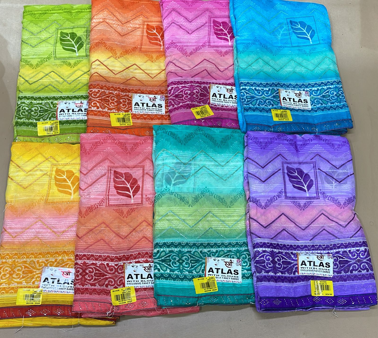Ekstree Atlas Weightless Saree 8 Pcs Combo Set With Unstitched Blouse – Lightweight Daily Wear-Leaf Motif Printed Design With Designer Border-Wholesale Price-M.R. Saree Emporium