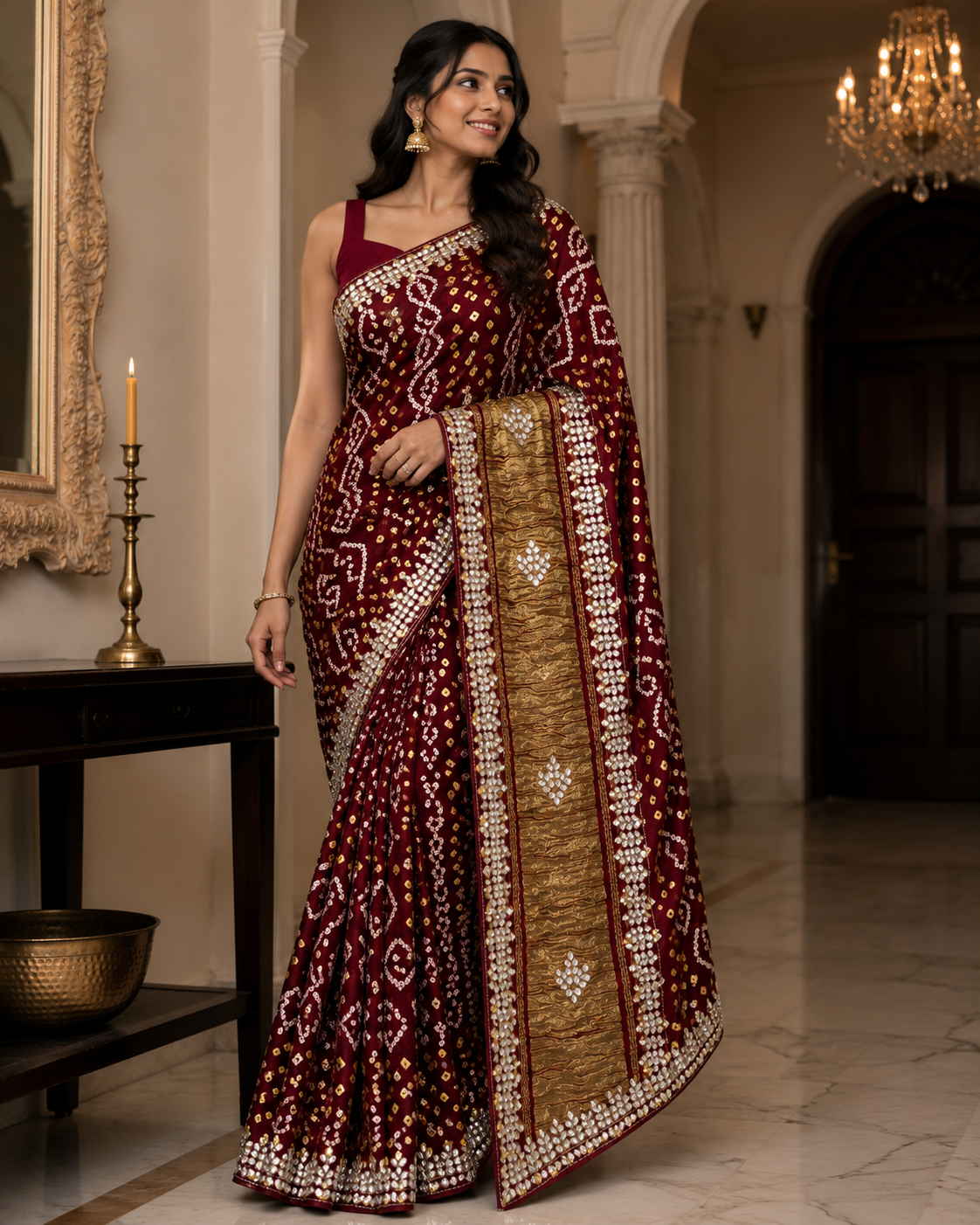 Premium Maroon Bandhani Silk Saree with Heavy Designer Zari Pallu & Border - M.R. Saree Emporium