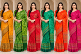 Weightless Green Printed Saree with Designer Border - 6 Pcs Set.
