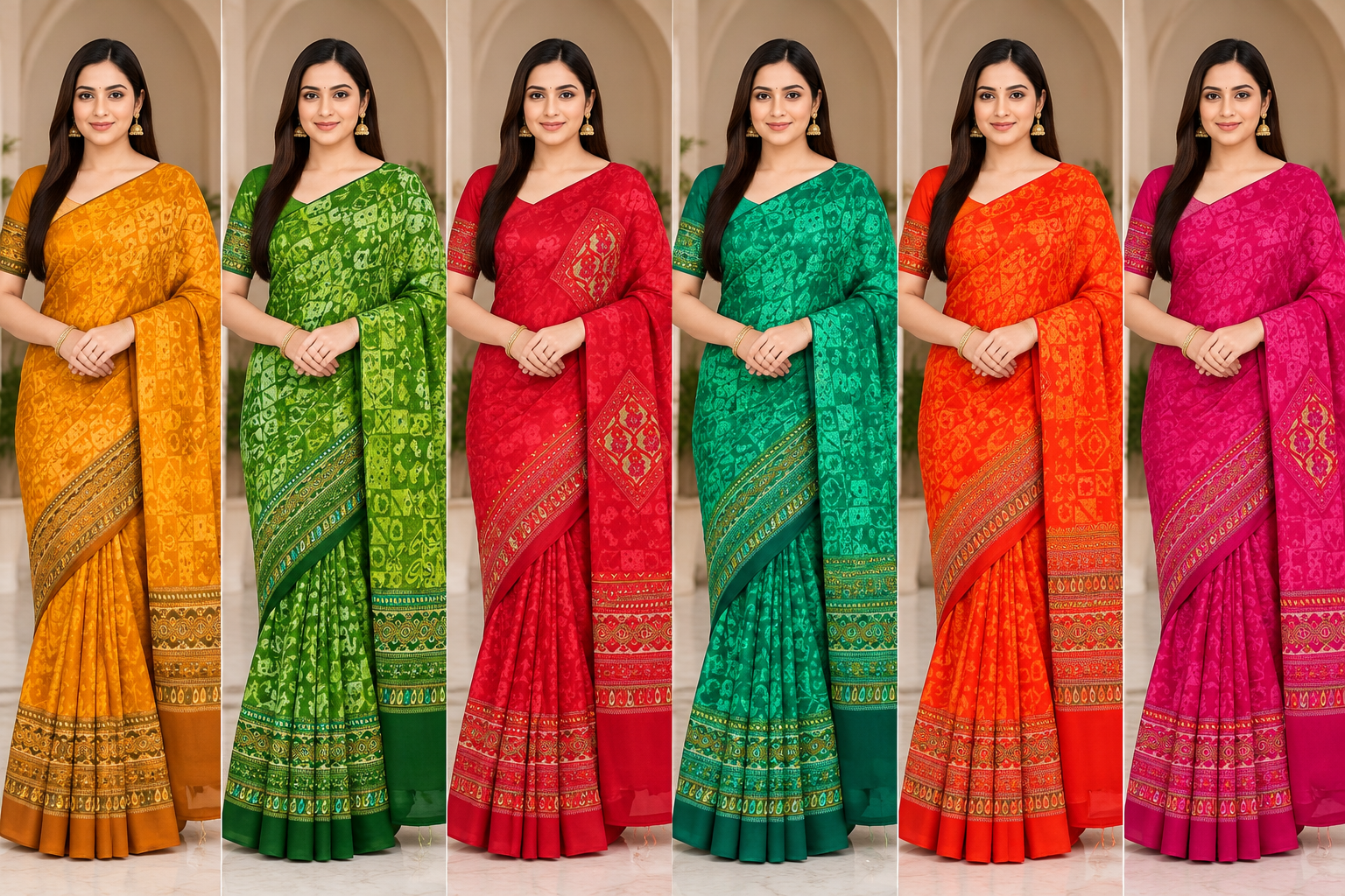 Weightless Green Printed Saree with Designer Border - 6 Pcs Set.