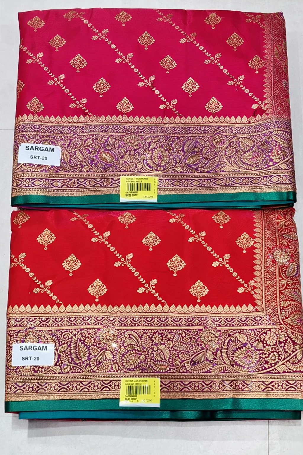 Sargam Banarasi Style Silk Saree with Rich Zari Border & Traditional Buti Design (Red & Green 2 Pcs Set) – M.R. Saree Emporium