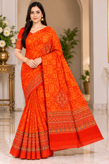 Weightless Green Printed Saree with Designer Border - 6 Pcs Set.