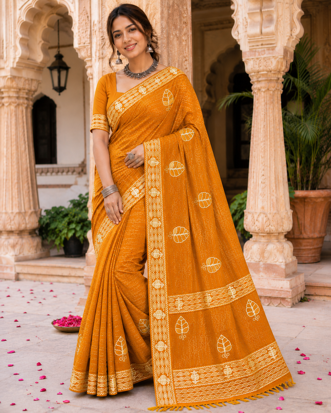 Designer Chiffon Saree with Leaf Print Border - Lightweight Fancy Daily Wear Saree Collection (6 Colors Set) - M.R. Saree Emporium