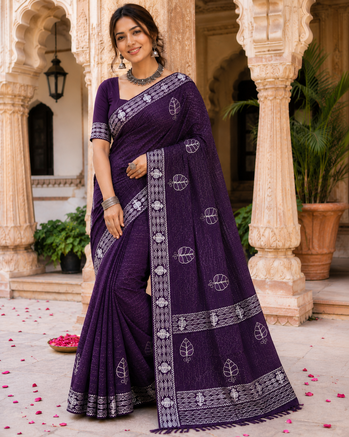 Designer Chiffon Saree with Leaf Print Border - Lightweight Fancy Daily Wear Saree Collection (6 Colors Set) - M.R. Saree Emporium