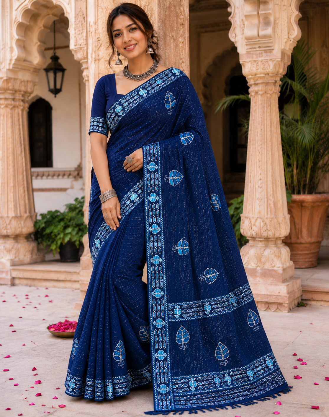 Designer Chiffon Saree with Leaf Print Border - Lightweight Fancy Daily Wear Saree Collection (6 Colors Set) - M.R. Saree Emporium