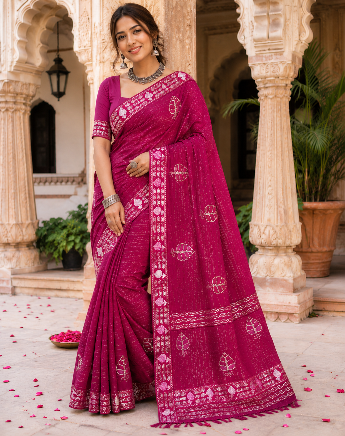 Designer Chiffon Saree with Leaf Print Border - Lightweight Fancy Daily Wear Saree Collection (6 Colors Set) - M.R. Saree Emporium