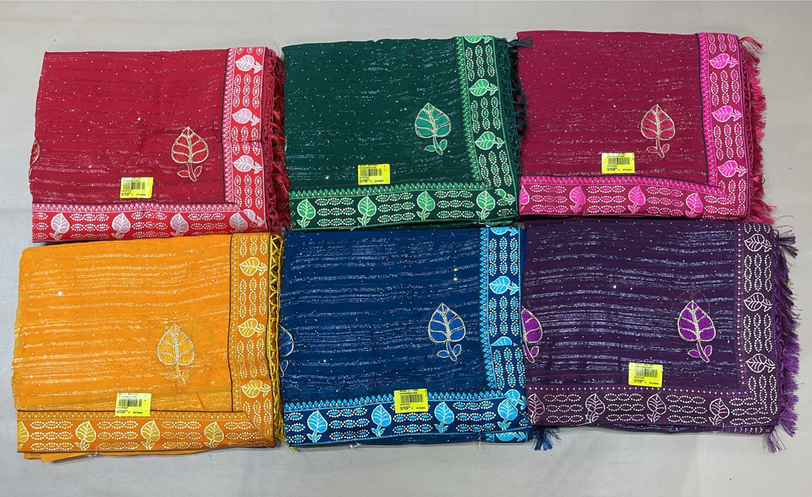 Designer Chiffon Saree with Leaf Print Border - Lightweight Fancy Daily Wear Saree Collection (6 Colors Set) - M.R. Saree Emporium