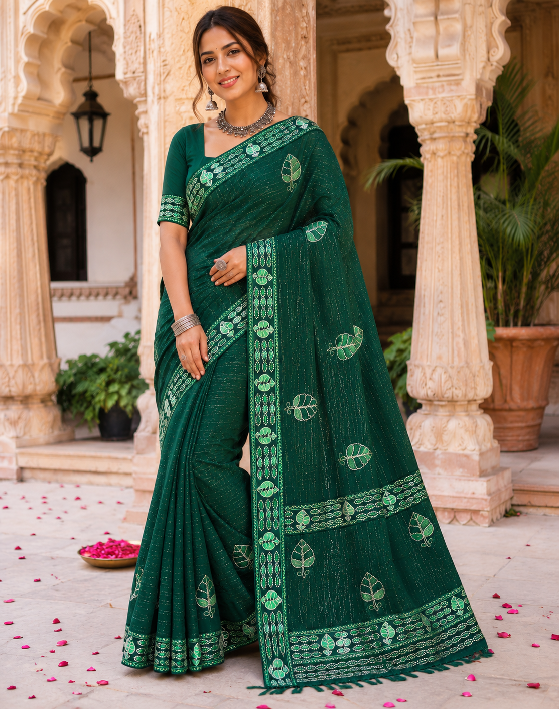 Designer Chiffon Saree with Leaf Print Border - Lightweight Fancy Daily Wear Saree Collection (6 Colors Set) - M.R. Saree Emporium