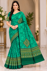 Weightless Green Printed Saree with Designer Border - 6 Pcs Set.