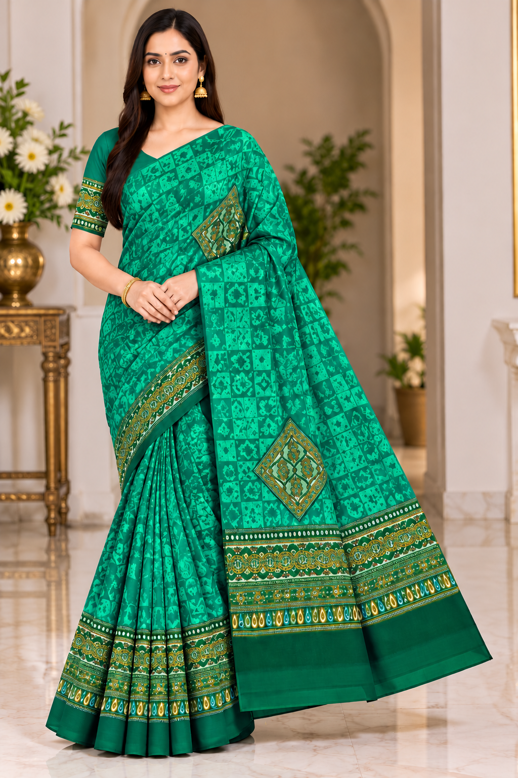 Weightless Green Printed Saree with Designer Border - 6 Pcs Set.