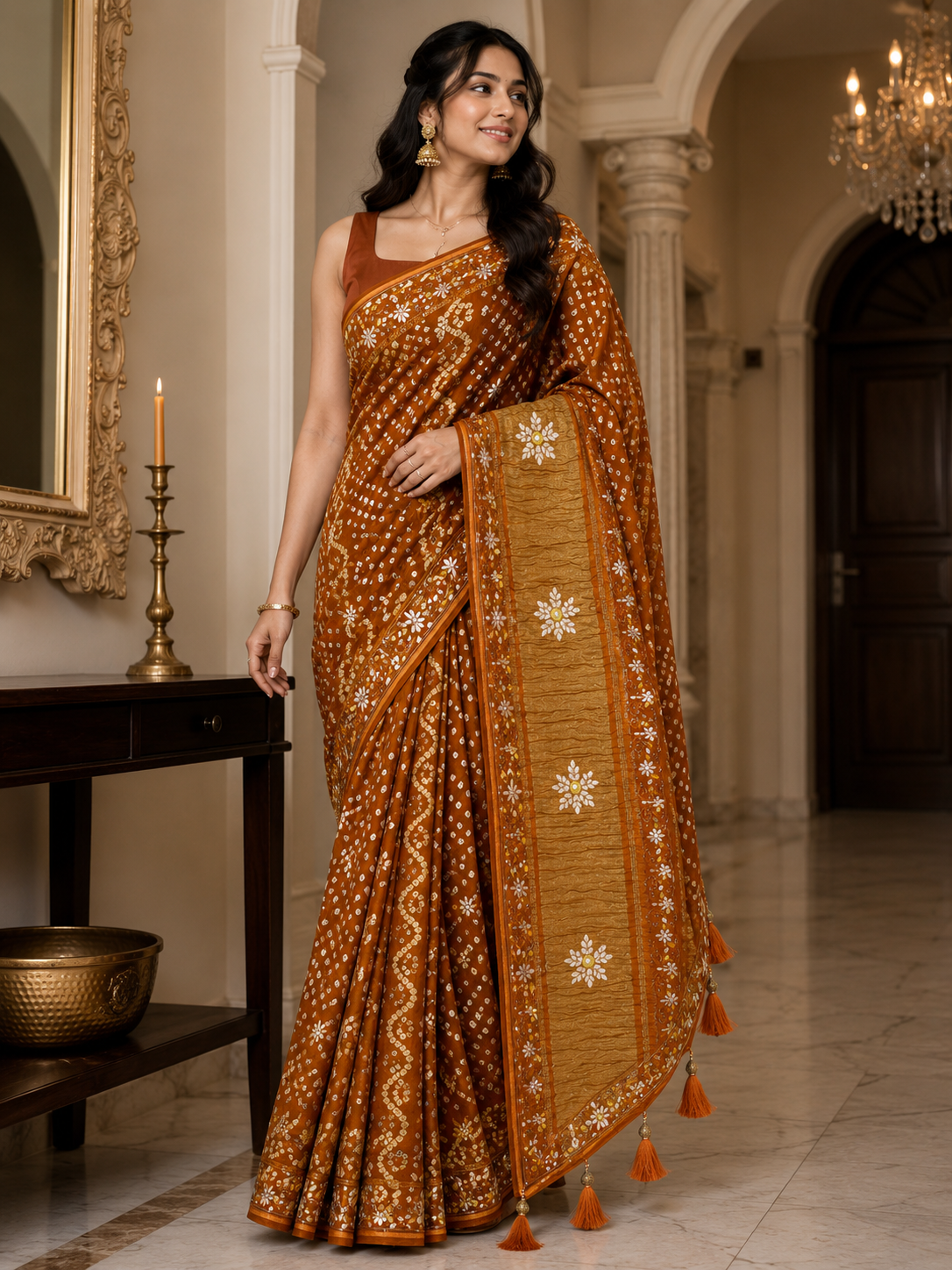 Premium Mustard Bandhani Silk Saree with Designer Zari Pallu & Tassels - M.R. Saree Emporium