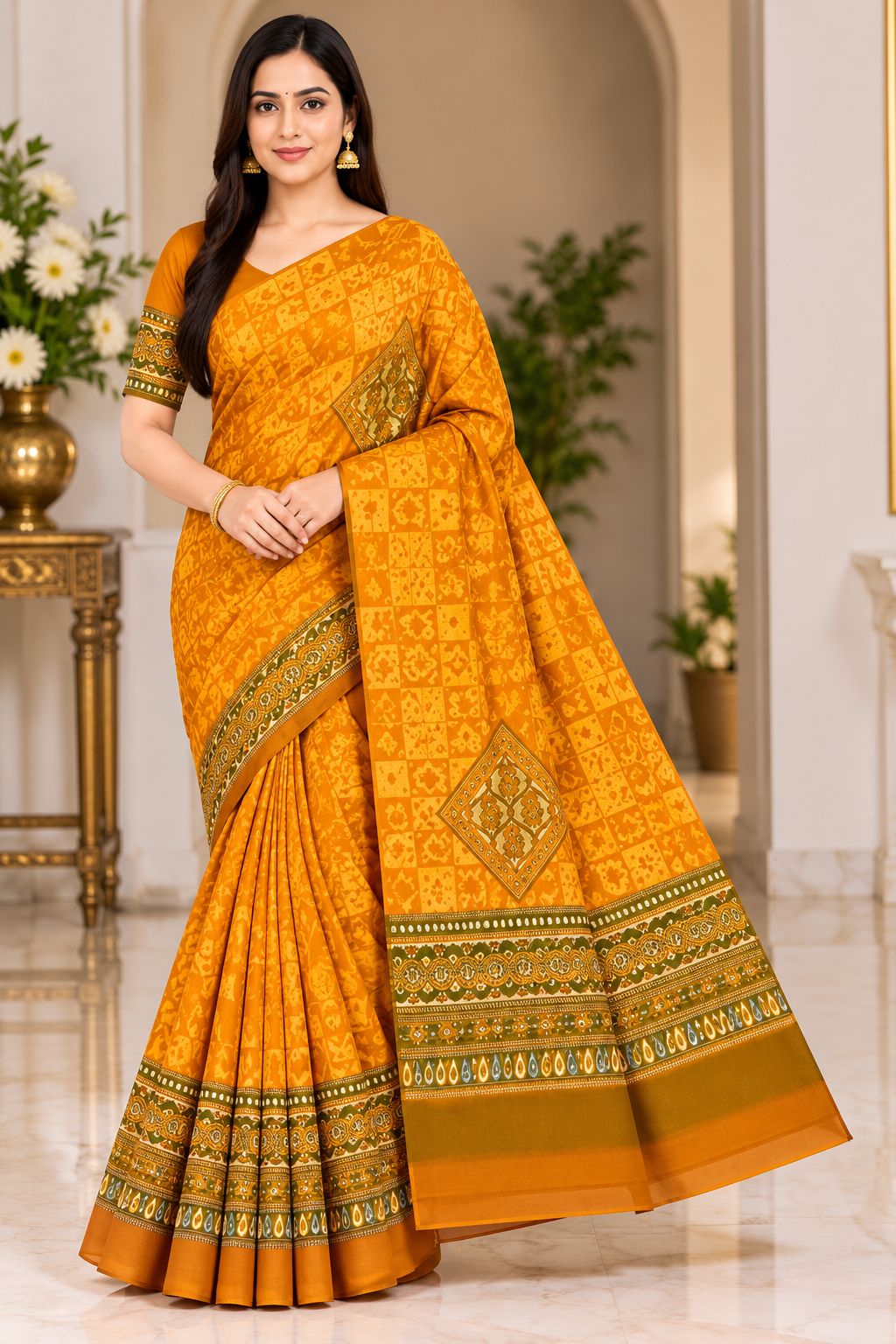 Weightless Green Printed Saree with Designer Border - 6 Pcs Set.