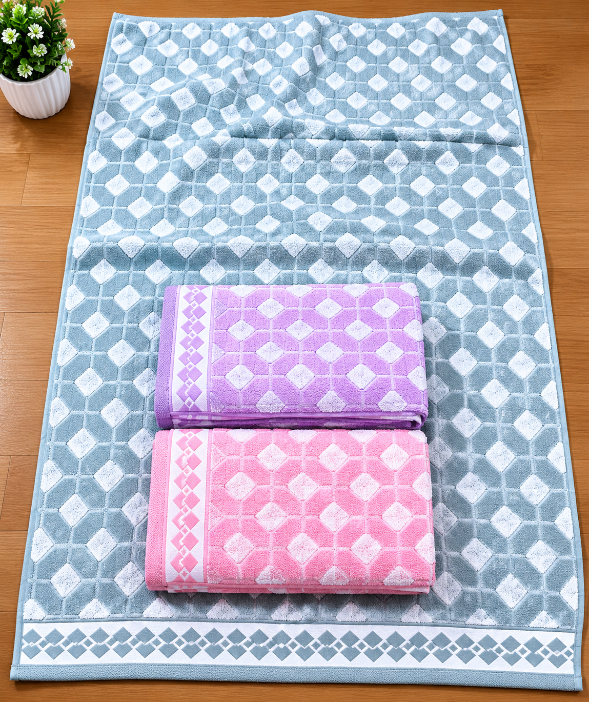 Premium Cotton Bath Towel Set 30x60 - 3 PCS - Soft Pastel Design - M.R. Saree Emporium