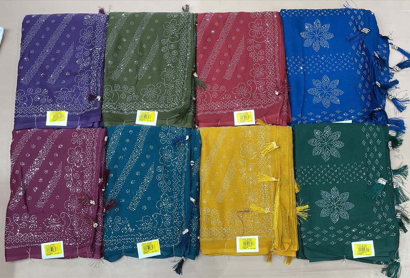 Bandhani Style Printed Saree 8 Pcs Set-Chiffon Fancy Tassel Saree Collection-M.R. Saree Emporium