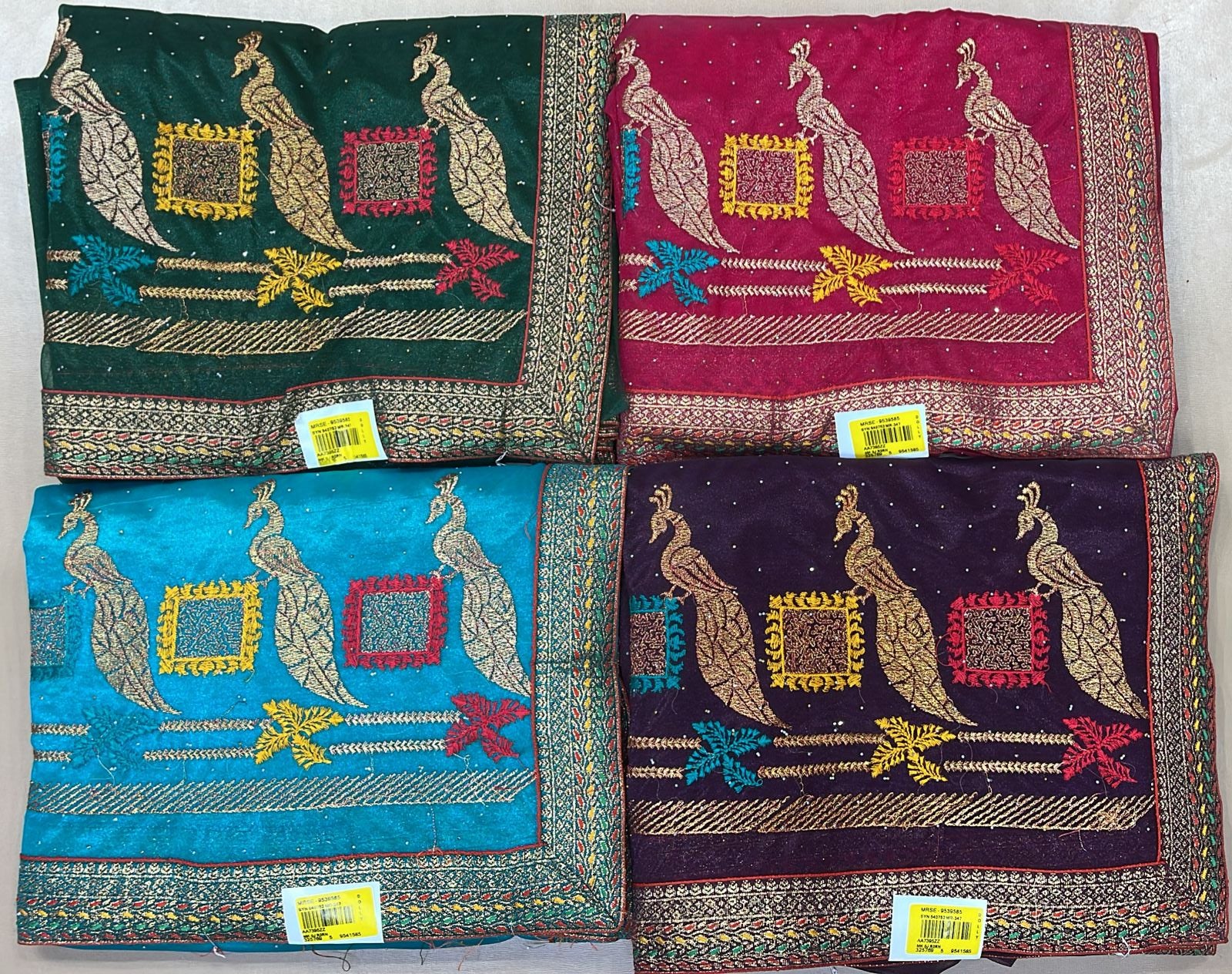Designer Peacock Print Organza Saree Set of 4 - Fancy Party Wear Saree Collection - M.R. Saree Emporium