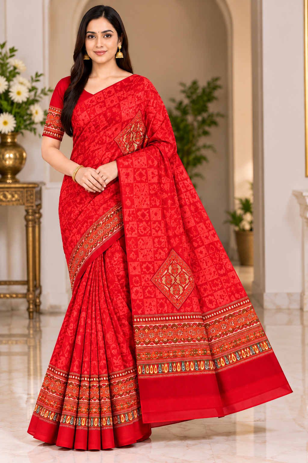 Weightless Green Printed Saree with Designer Border - 6 Pcs Set.