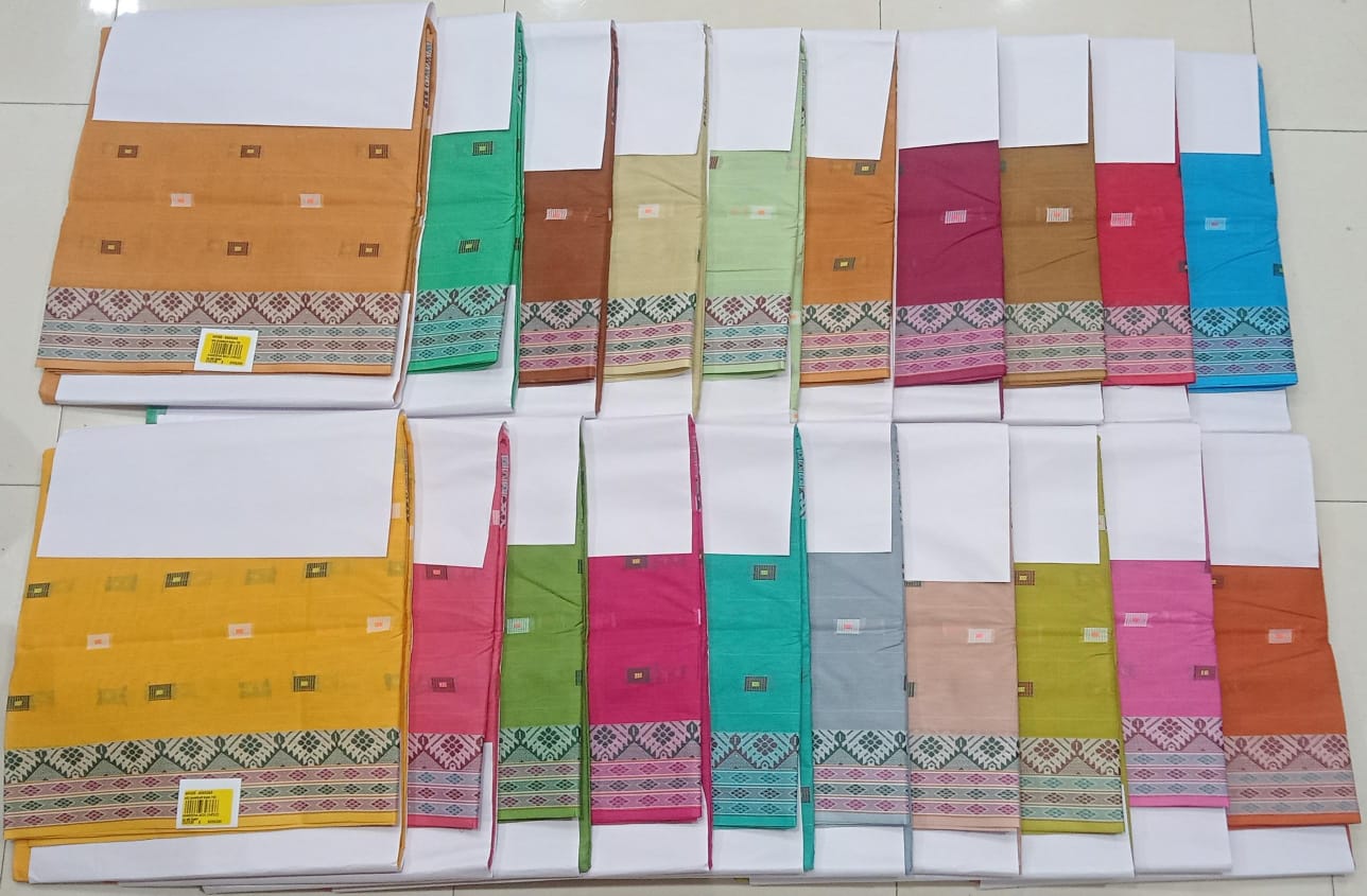 Cotton Traditional Mustard Gold Saree with Designer Woven Border-20 Pcs Set.