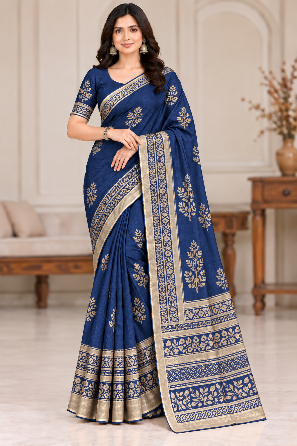 Cotton Pink Printed Saree with Contrast Border and Designer Pallu-15 Pcs Set.