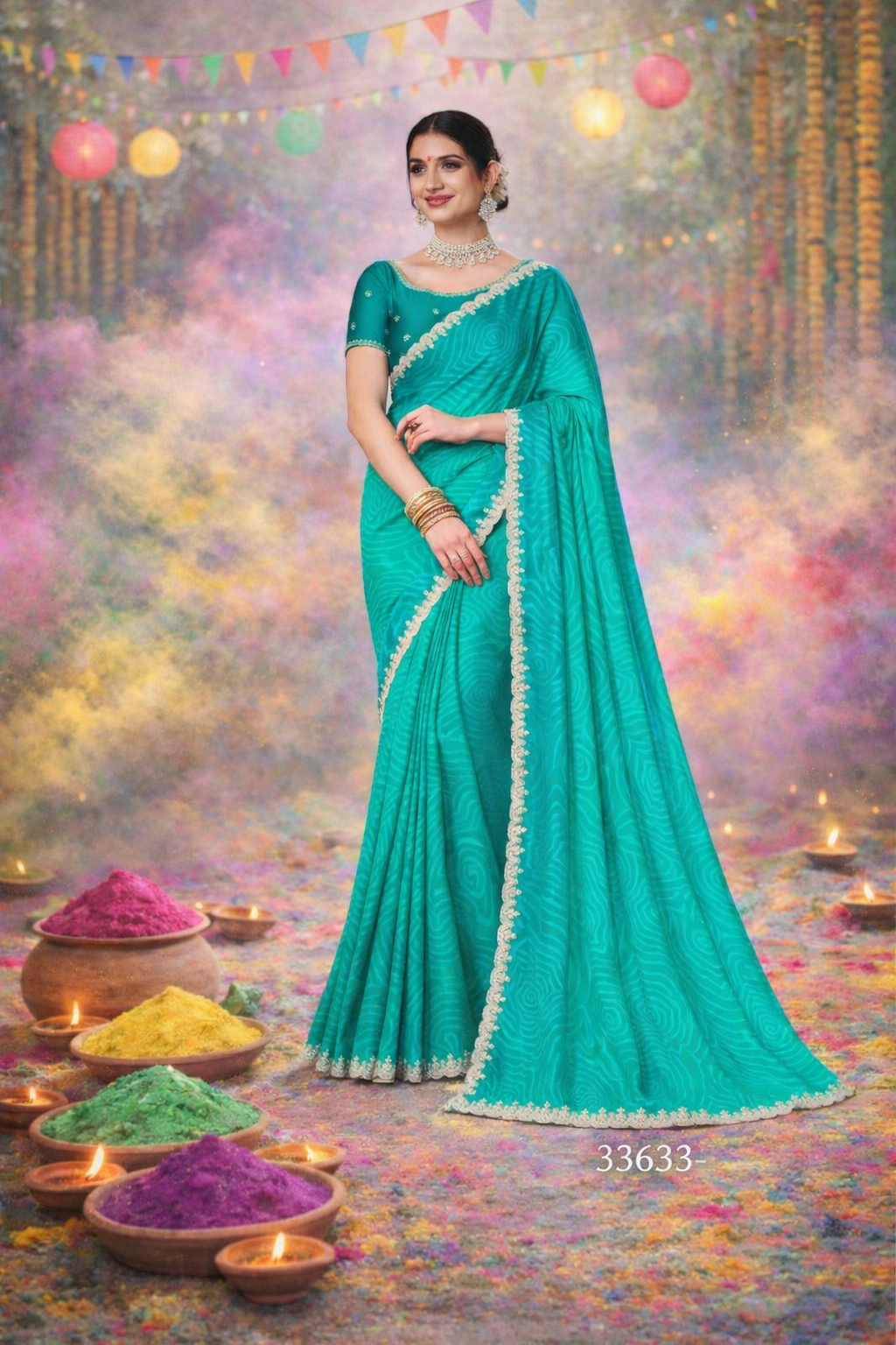 Subhash Saree D.No. 33633 – Sea Green Designer Festive Saree with Swirl Print & Lace Border-Single Pcs-M.R. Saree Emporium