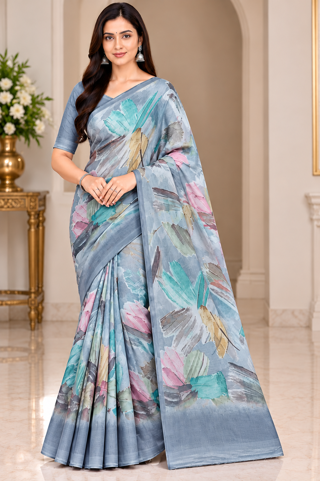 Weightless Abstract Floral Printed Saree-4 Pcs Set.