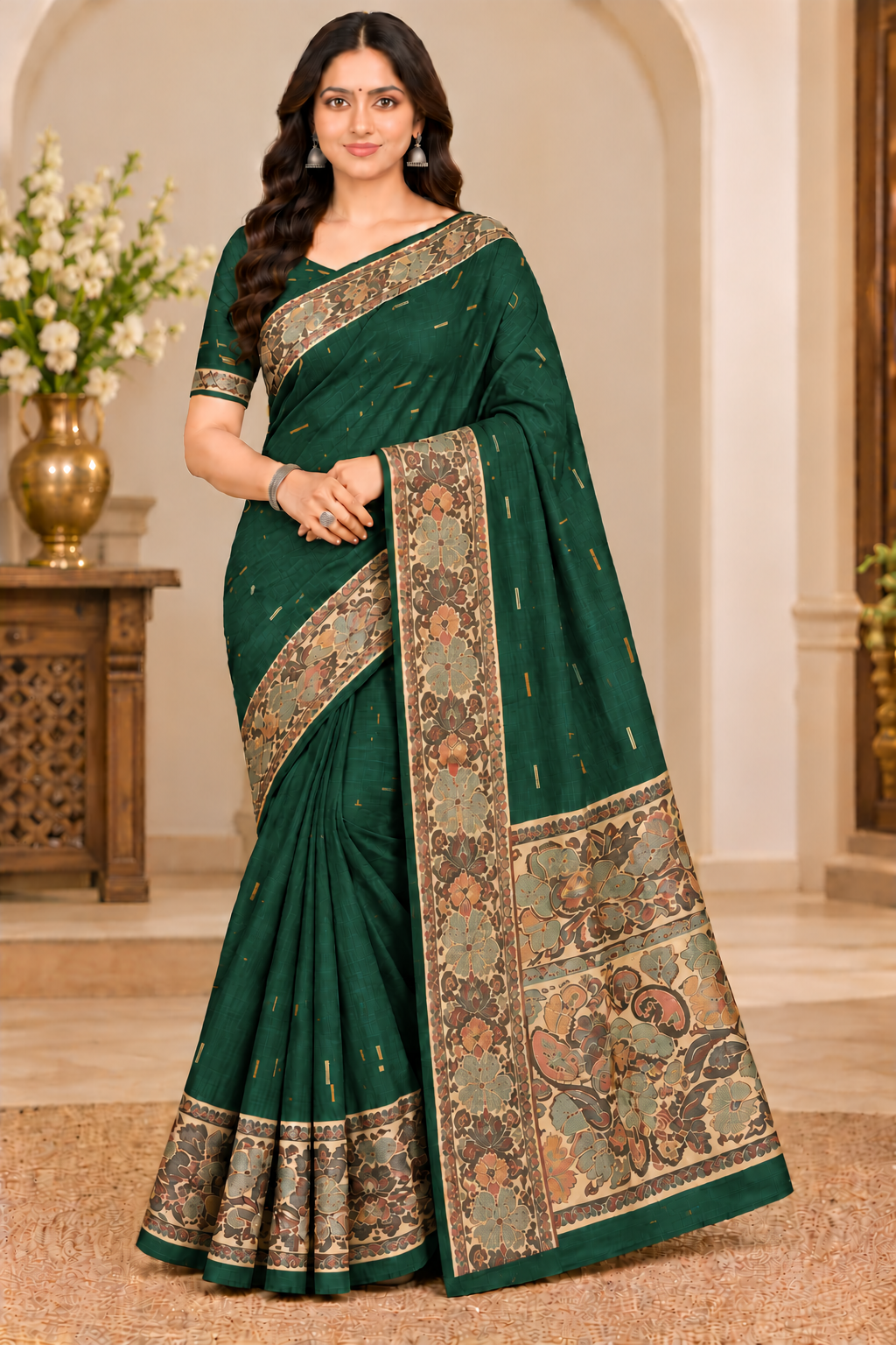 Cotton Royal Blue Designer Saree with Floral Jacquard Border-14 Pcs Set.