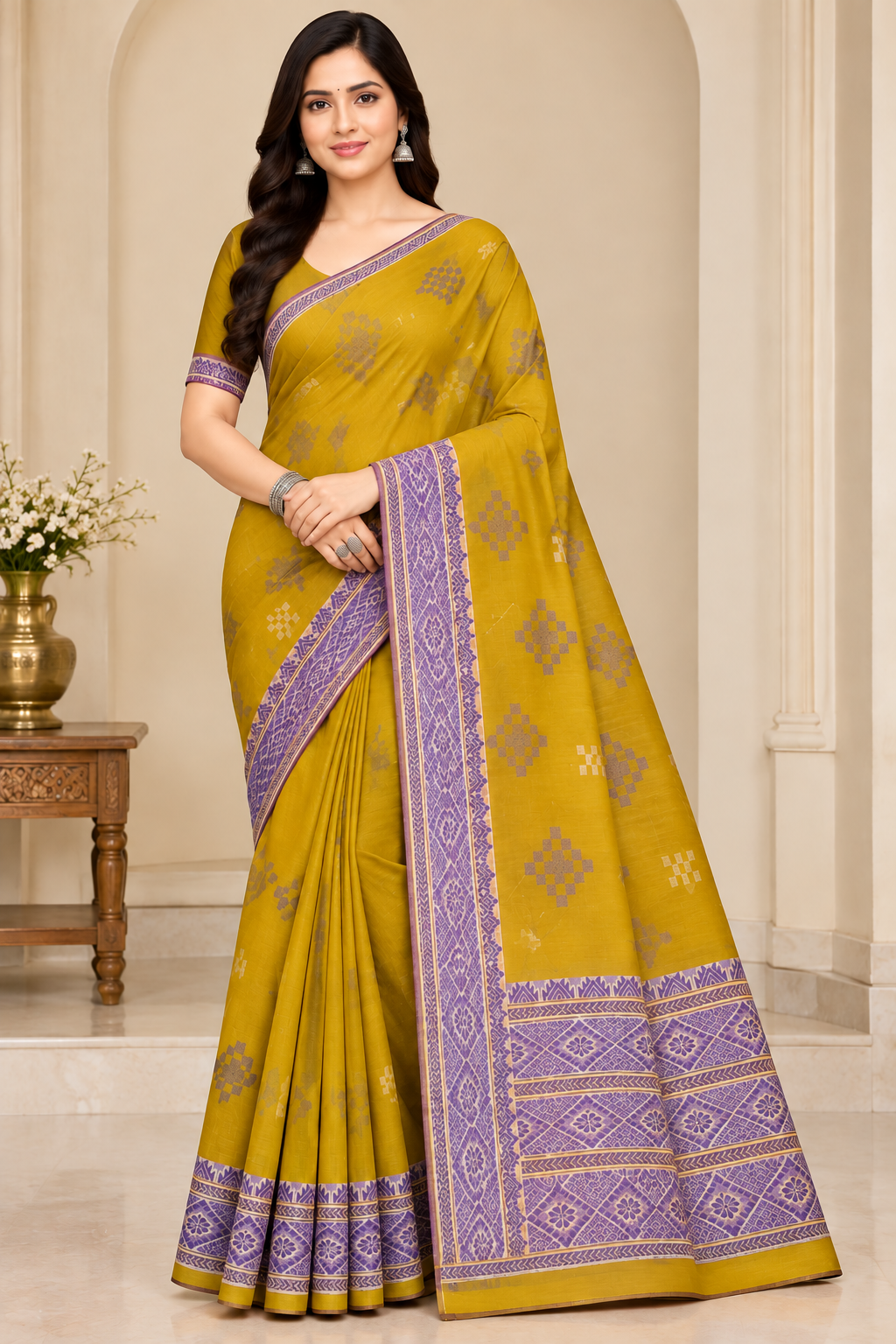 Cotton Green Woven Border Designer Saree - 14 Pcs Set