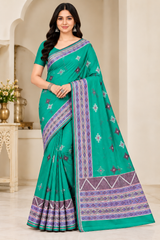 Cotton Teal Blue Printed Saree with Designer Geometric Border-14 Pcs Set.
