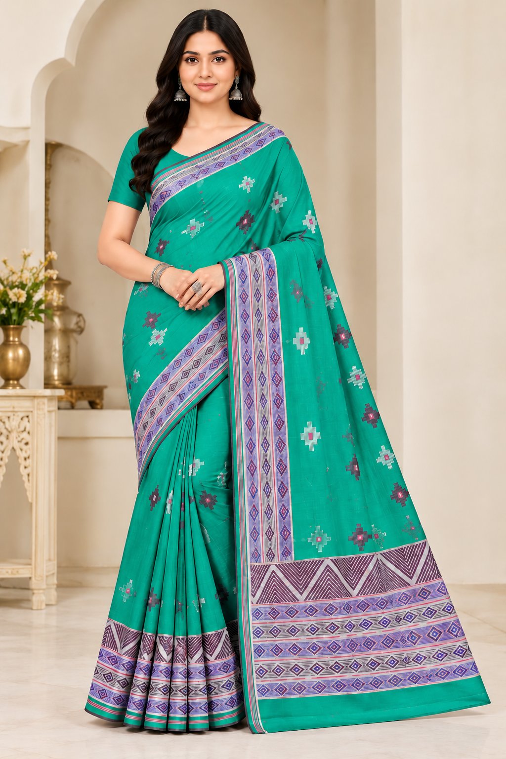 Cotton Teal Blue Printed Saree with Designer Geometric Border-14 Pcs Set.