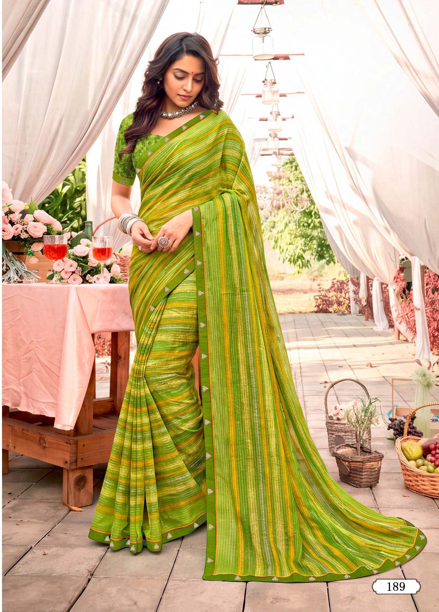 Ladorani Tulsi Printed Saree with Designer Border 8 pcs set