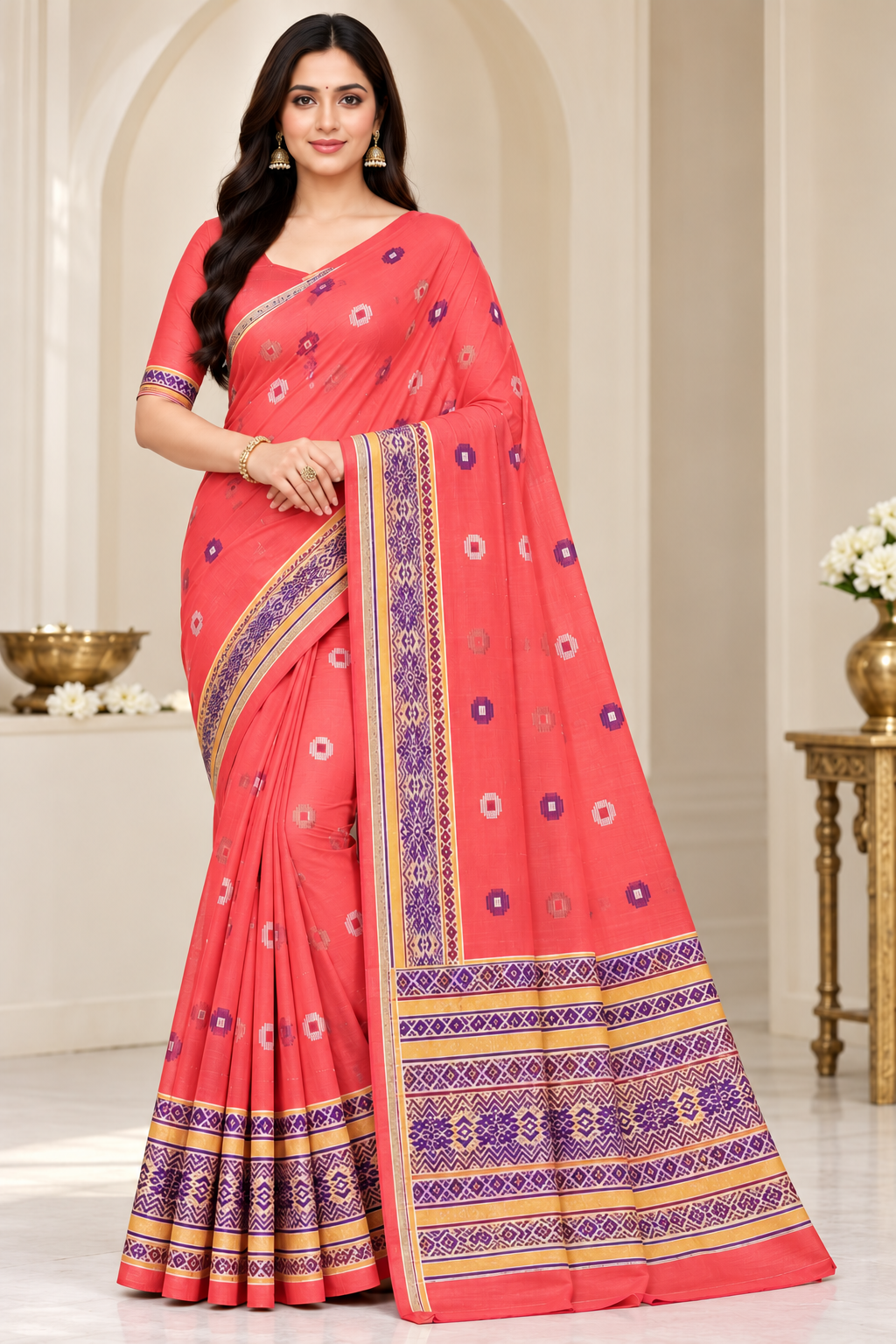 Cotton Traditional Printed Saree with Designer Woven Border - 15 Pcs Set.