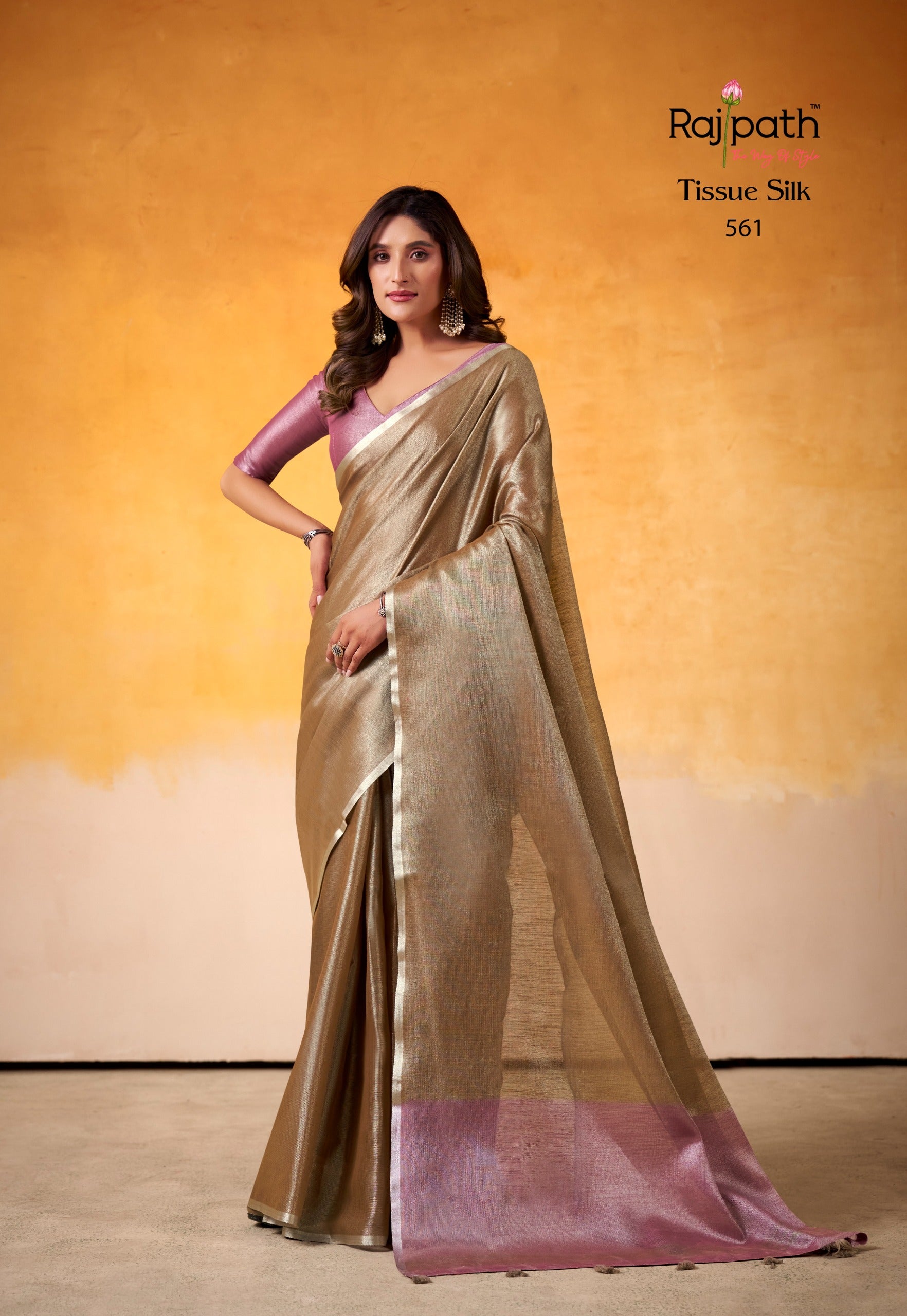 RajPath Fabrics Anvika Light Edition Tissue Silk Saree (6 Pcs Set) with Designer Blouse