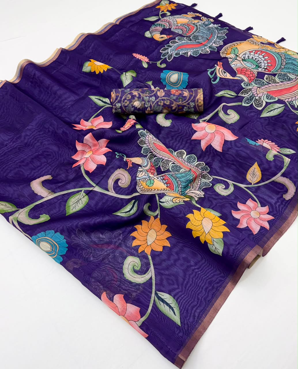 Kazari Series Chanderi Linen Saree with Kalamkari Print