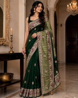 Premium Dark Green Silk Saree with Heavy Embroidered Border & Designer Pallu - M.R. Saree Emporium